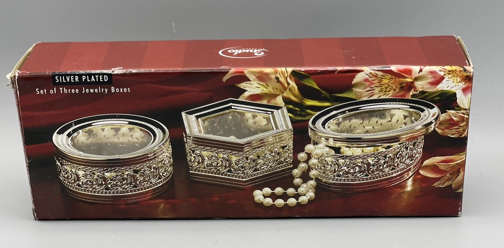 Studio Silversmiths Silver Plated Jewelry Boxes Set of 3 Matching Item #43022