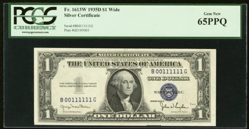 Rare True Binary Near Solid 1935 D $1 Silver Certificate "00111111" Gem 65 PPQ