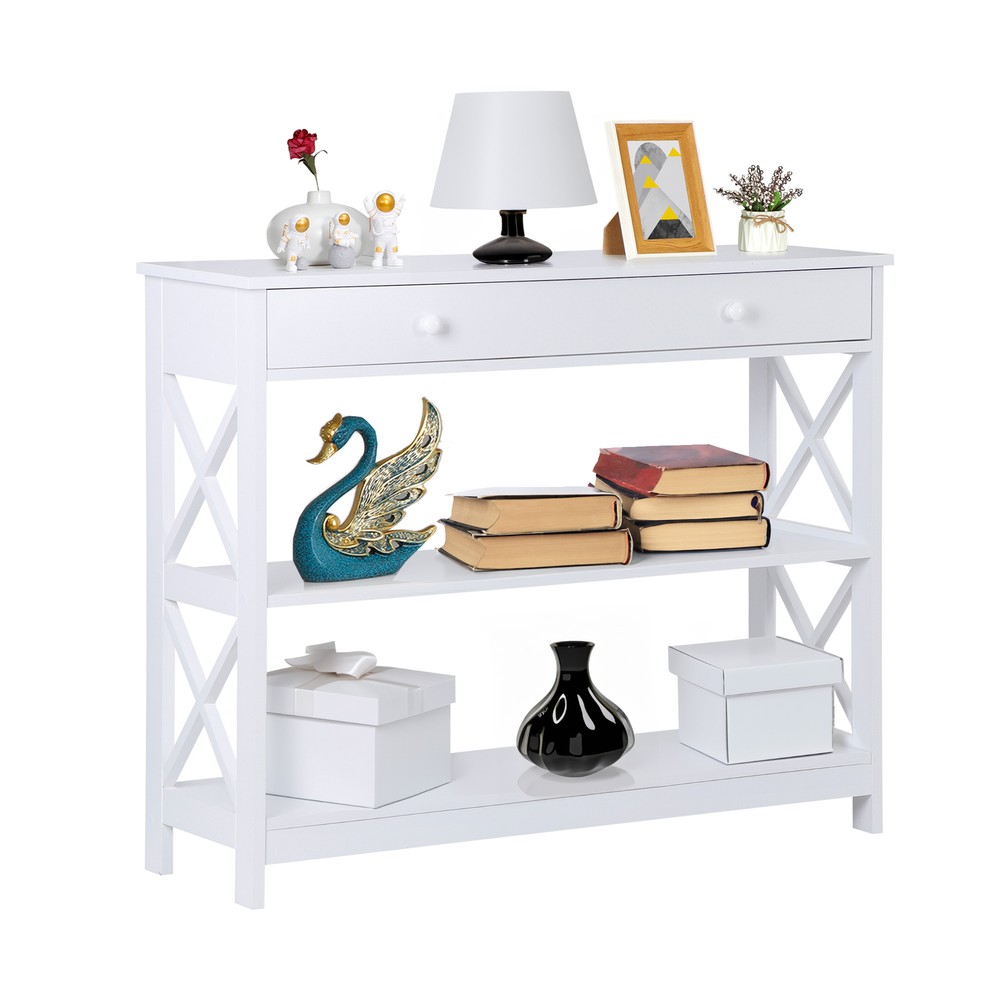 3 Tier Console Table w/Drawer Narrow Entryway Table Wooden Sofa Side Table White