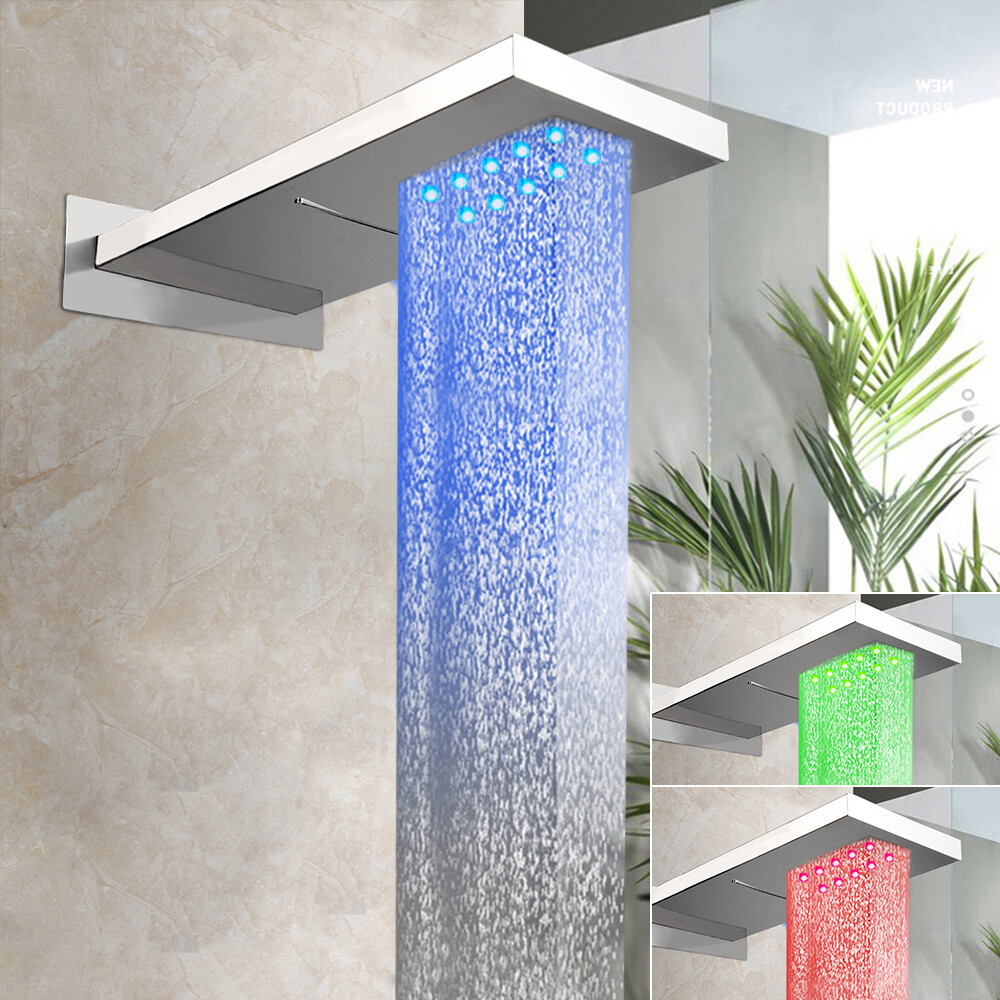 22" Chrome LED Shower Head Rectangular Rainfall/Waterfall Spout Faucet Mixer Tap