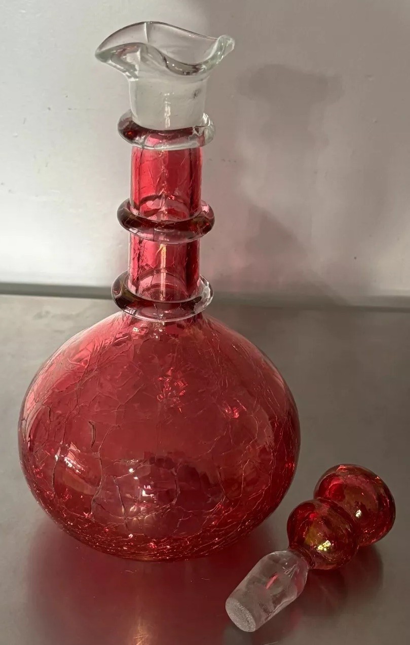 VTG Rainbow Ruffled Glass Crackle Decanter & Stopper Red Clear Rigaree Free Ship