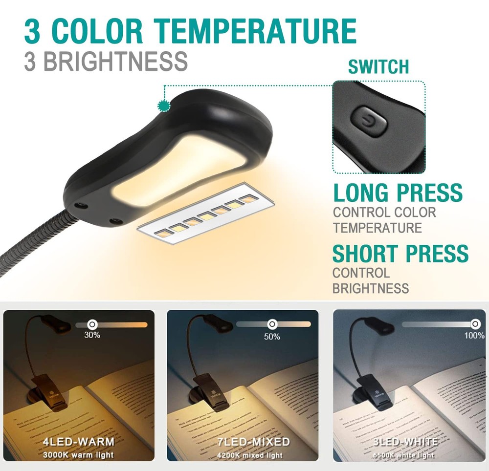 Rechargeable Book Light 3 Color Modes Adjustable Brightness