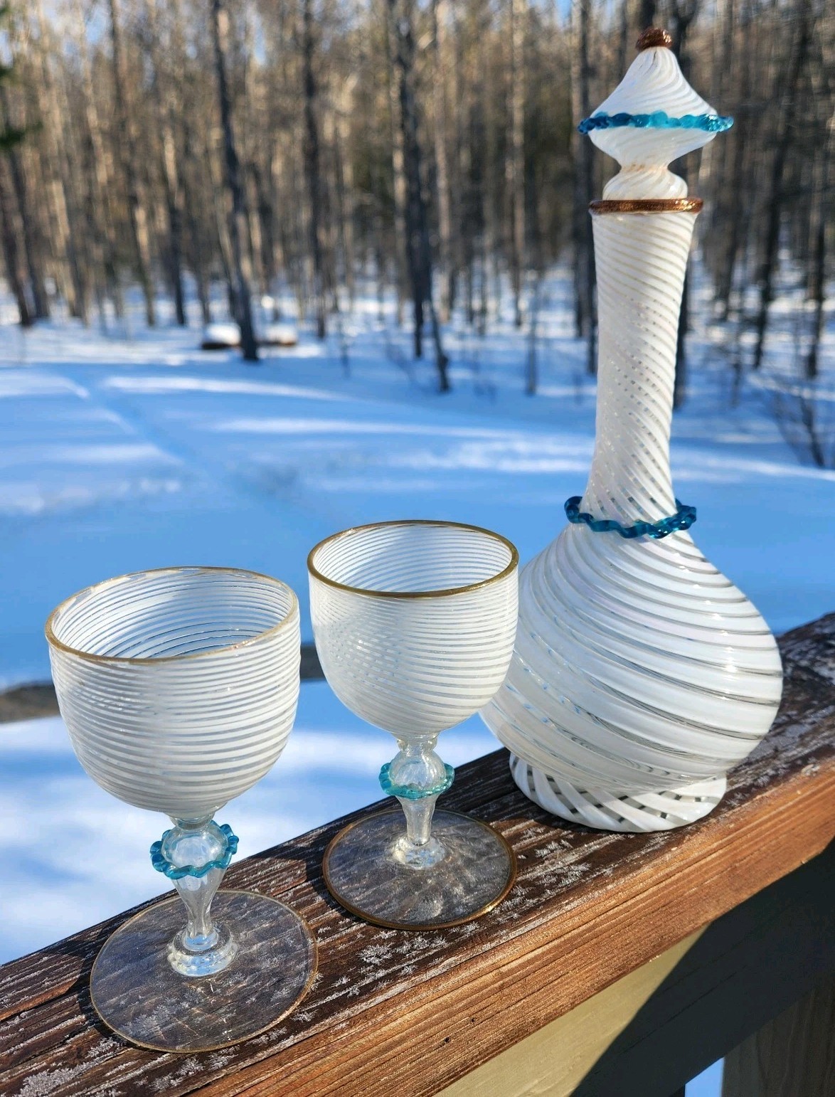 Italian Salviati Vetro a Fili Swirl Blue Rigaree Genie Bottle Decanter 2 Goblets