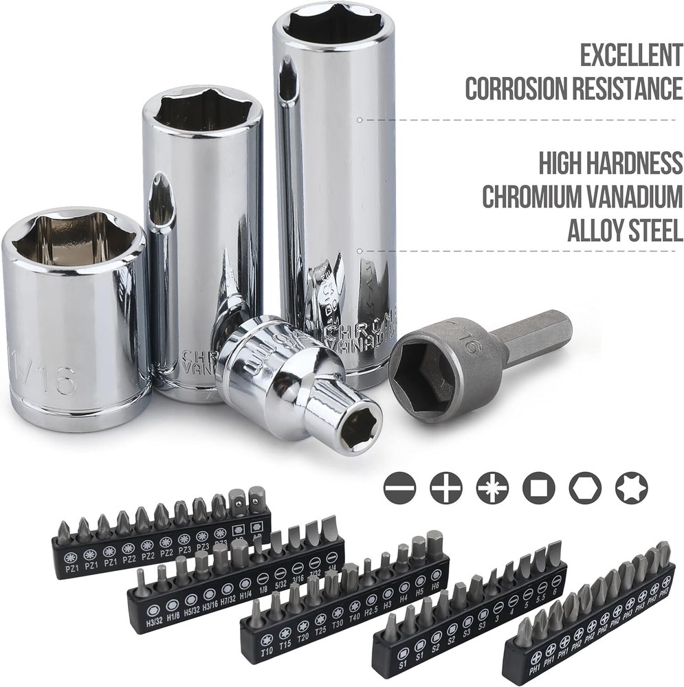 201-Piece Socket Set - Metric & SAE Sizes - Chrome-Vanadium Steel - Durable Case