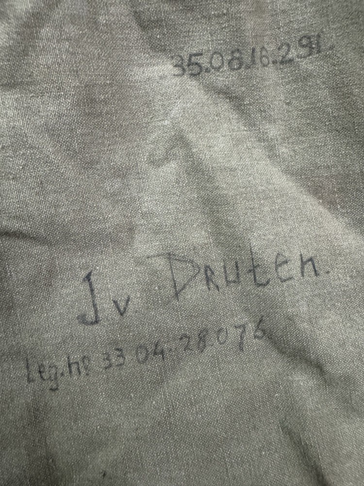 US WW II Military Shelter Half - Single Panel - Has Name & Dated “REPAIRED “