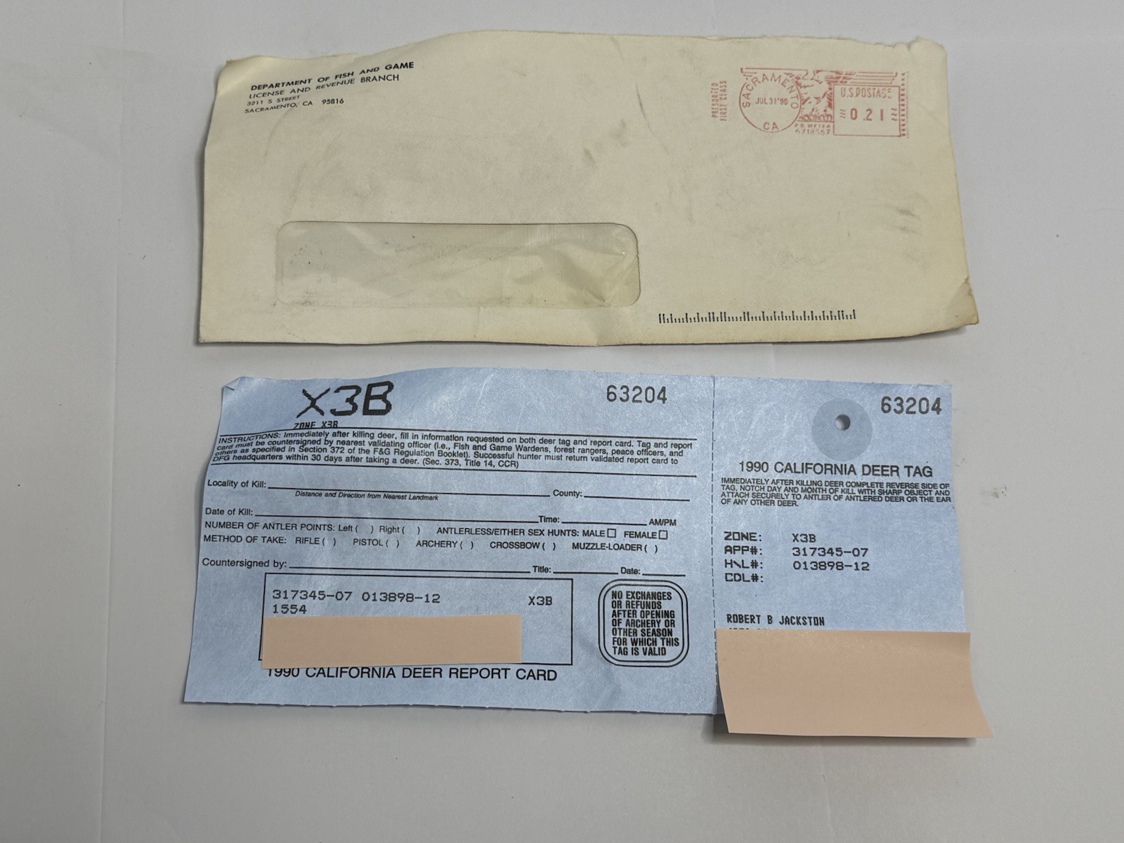 Vintage 1990 California Mule Deer Hunting Tag / Permit Unpunched Unit X3B