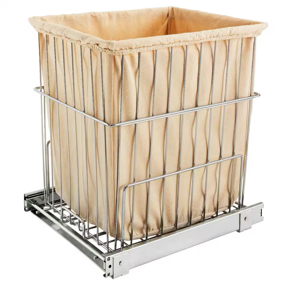Chrome Wire Rectangular Pullout Laundry Room Hamper Clothes Basket, 1.7 Bushel