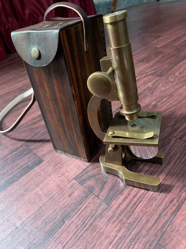 Antique Brass Microscope Student Microscope 7" Monocular Type With Leather Cover