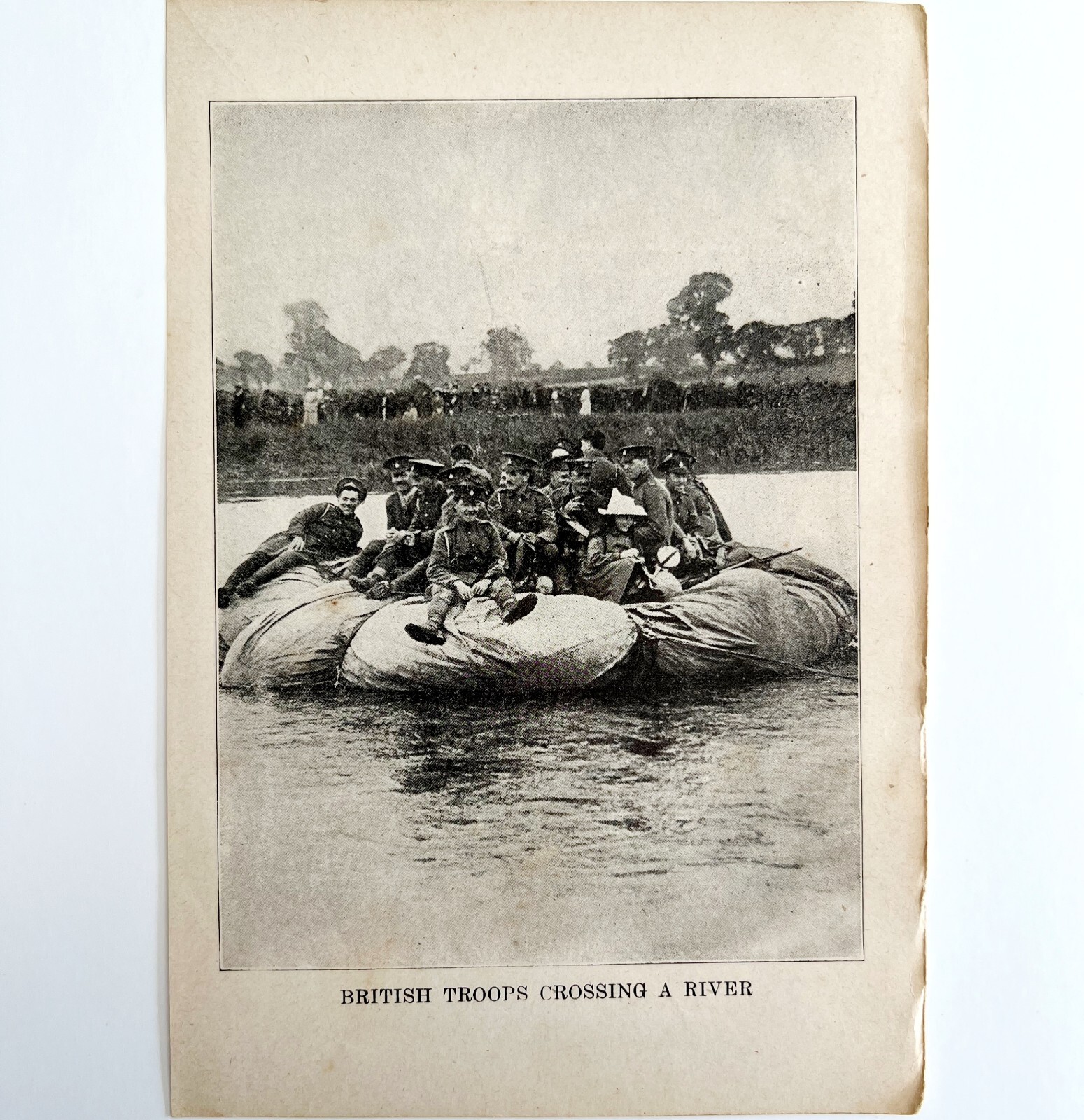 1914 WW1 Print British Troops Crossing River Antique Military Period Collectible