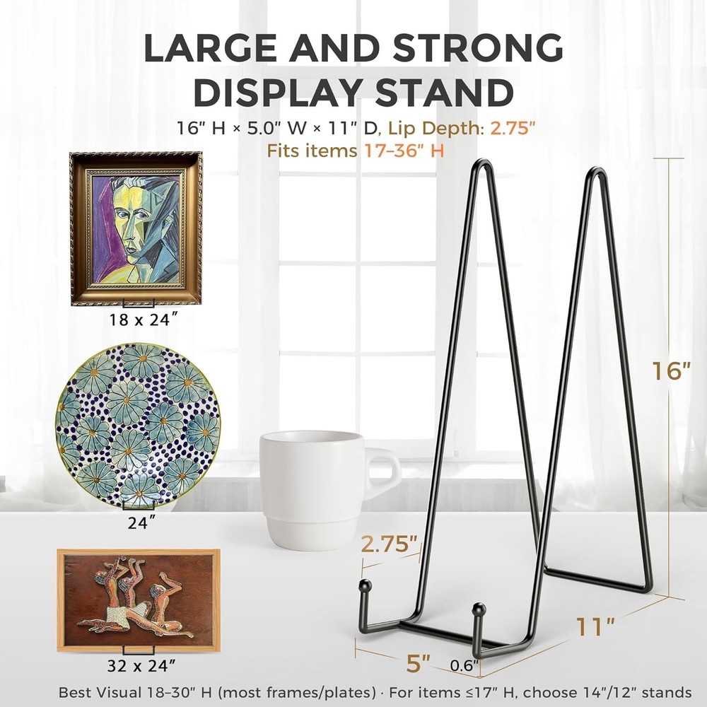 Matte Black 16 Inch Heavy Duty Display Easel 2 Pack for Large Plates & Frames