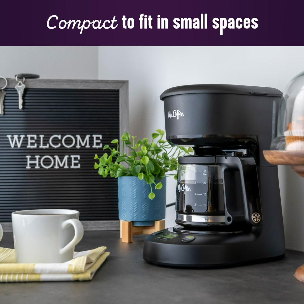 Mr. Coffee 5-Cup Programmable Coffee Maker, Black Color, Small Drip Coffeemaker