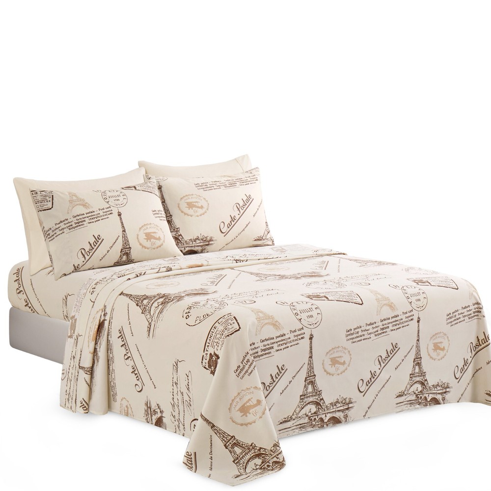 Rayon from Bamboo Deep Pocket 6 Piece Printed Sheet Set Eiffel Tower Ivory Queen