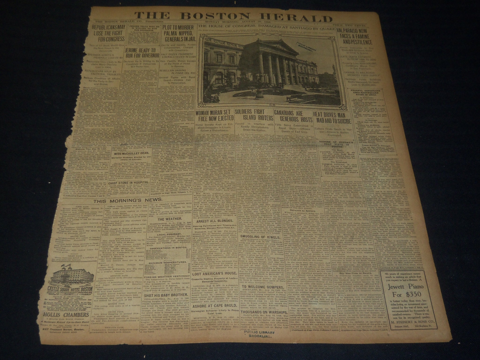 1906 AUG 20 THE BOSTON HERALD - VALPARAISO NOW FACES FAMINE PESTILENCE- BH 108