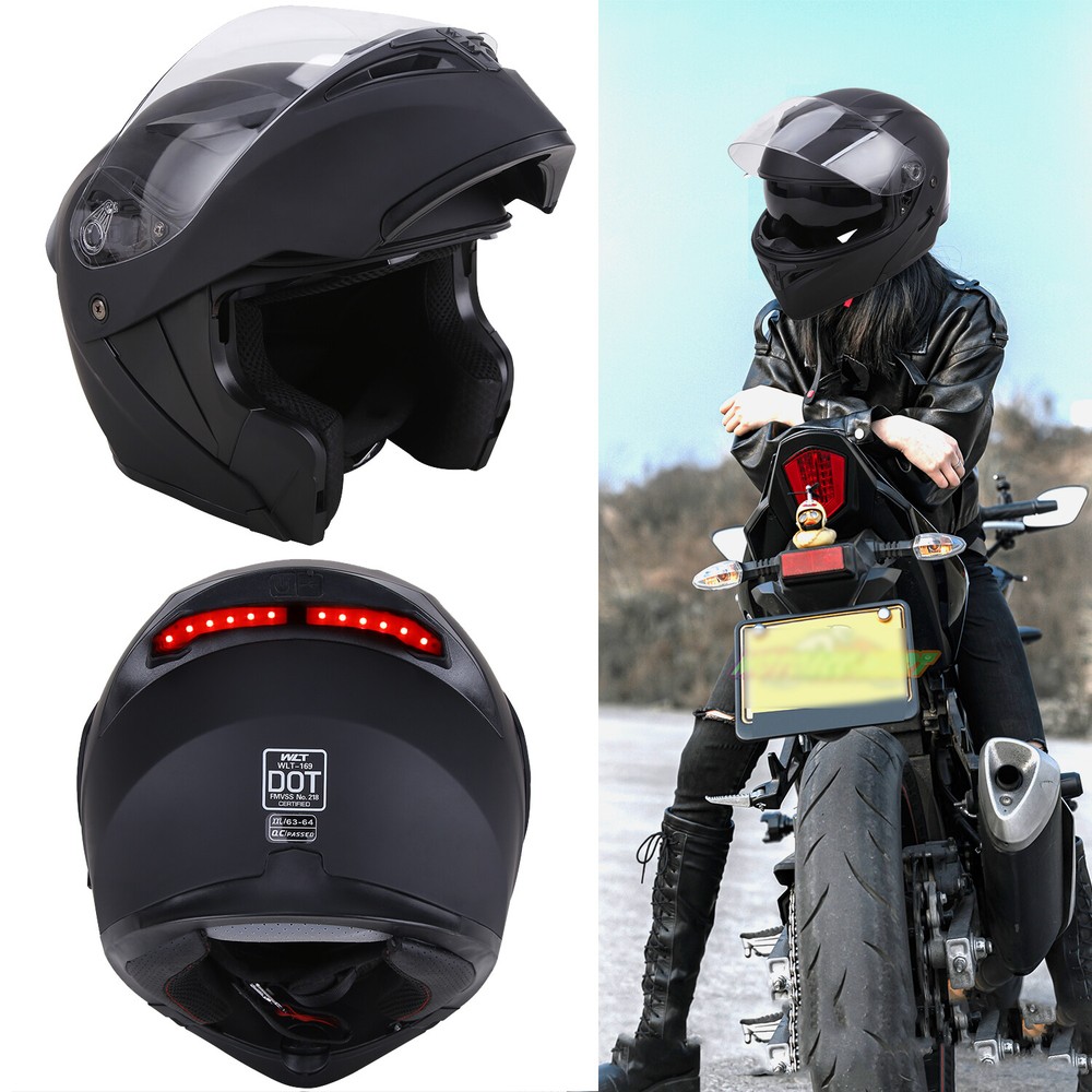 Matte Black Flip up Modular Full Face Motorcycle Helmet Dual Visor LED DOT