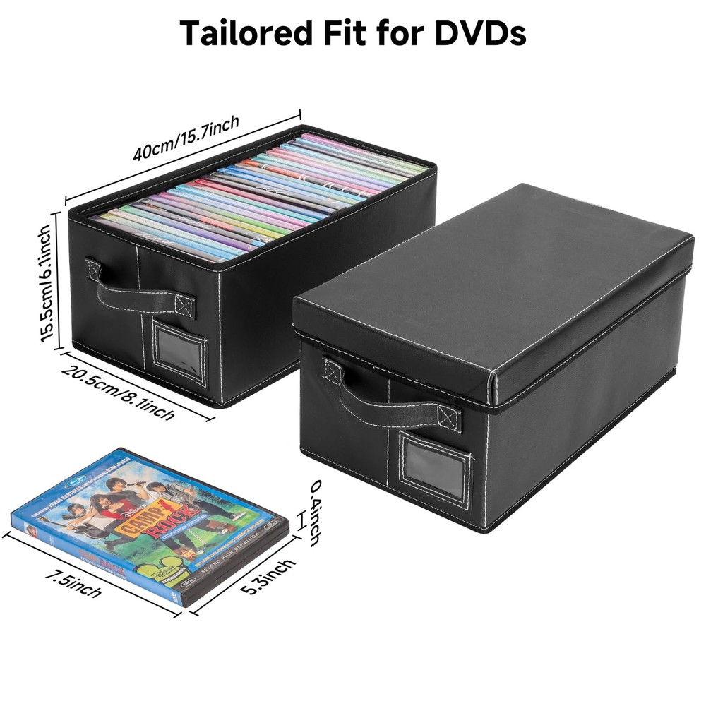 2 PCS Black Faux Leather DVD Storage Box Case Lid Shelf Organizer Stackable