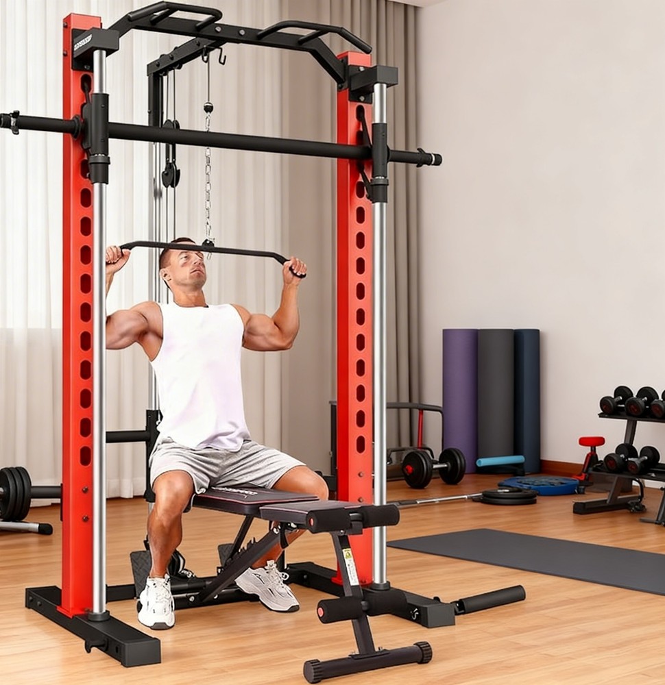 Smith Machine All-in-One Power Rack Cage w/ LAT-Pull Down System & Cable Machine