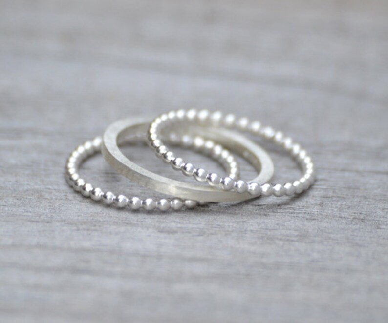 Solid 925 Sterling Silver Beaded & Smooth Set of 3 Stacking Band Handmade Ring