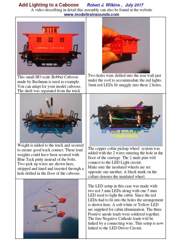 HO Caboose Lighting Kit with Track Pickup Wheel Set 33" plus 4 LEDs