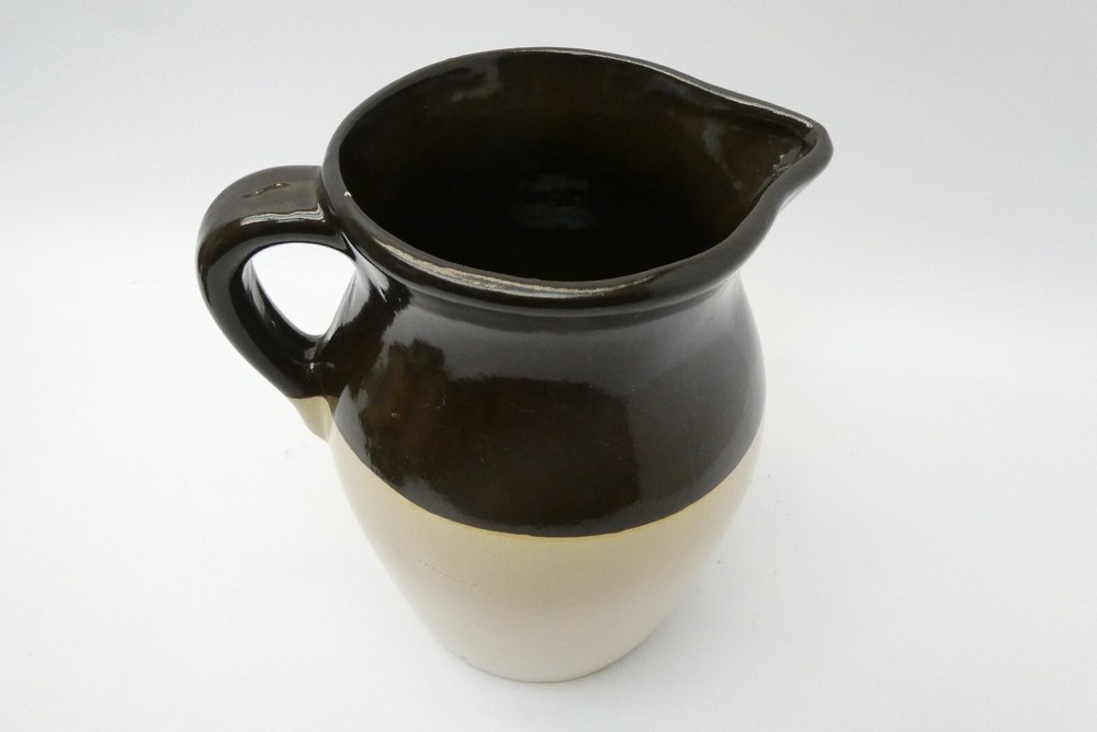 Brown Off-White Tan Single Handle Medium Size Stoneware Water Pitcher Jar
