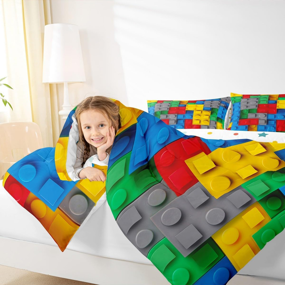 Construction Queen Comforter Set Colorful Bedding Set 3D Building Blocks Quilt,K