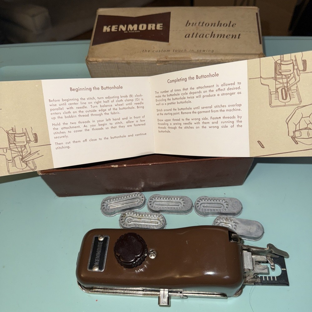 KENMORE 60766 SEWING MACHINE BUTTONHOLER ATTACHMENT-5 TEMPLATES BOX-INSTRUCTIONS