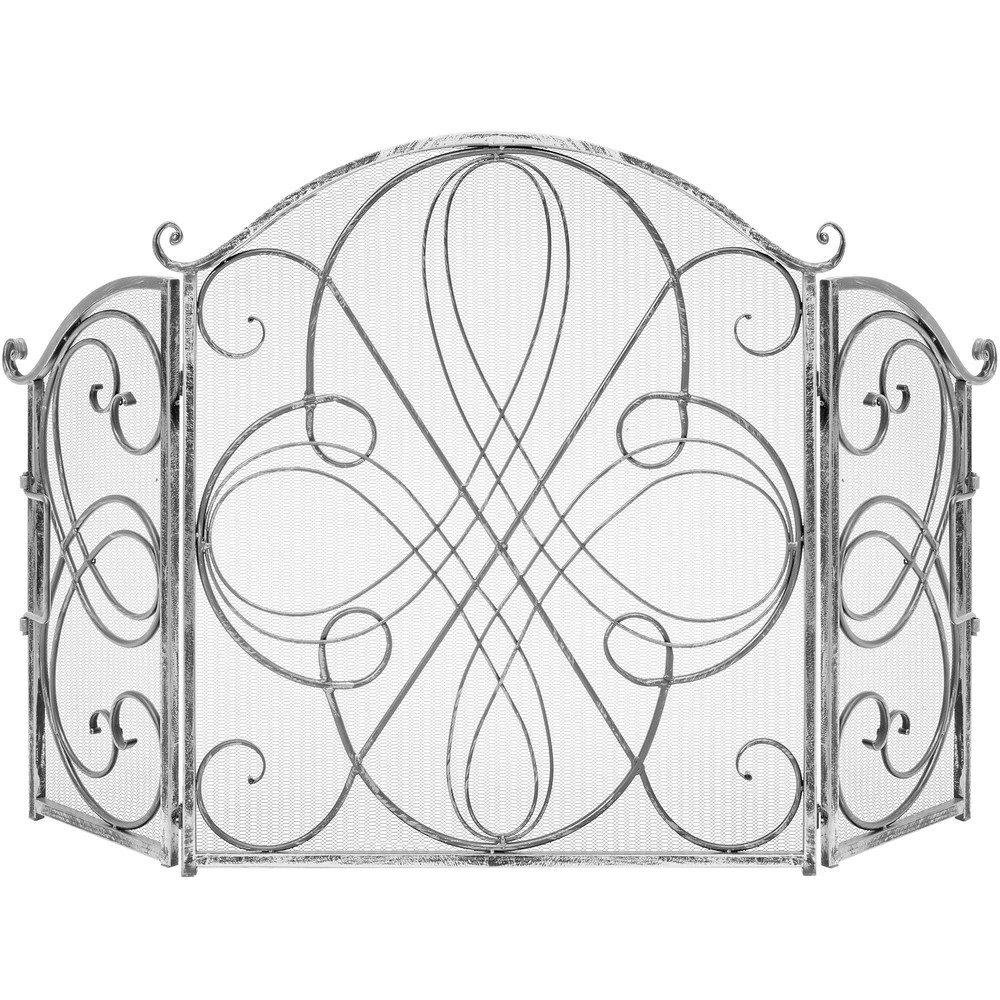 Silver Finish Fireplace Screen 3 Panel Mesh Folding Wrought Iron Arch Scrollwork