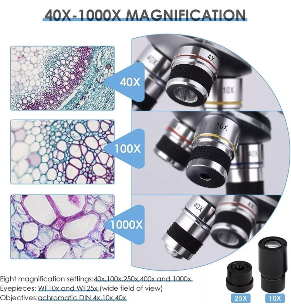 Microscopes Biological Microscope 40x-1000 Adjustable Duel LED Illumination