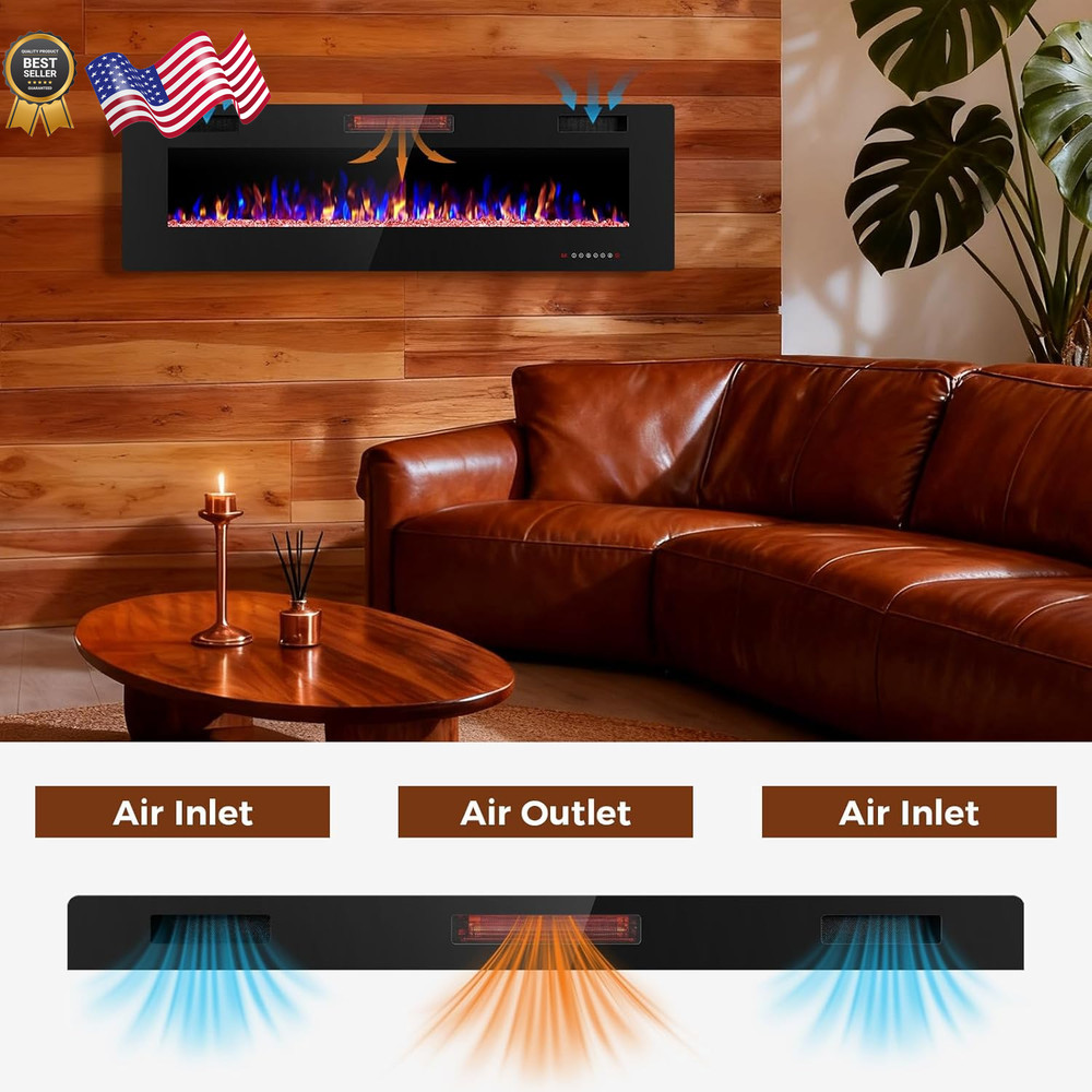 60" Electric Fireplace Insert with Remote Thermostat & Adjustable Flames