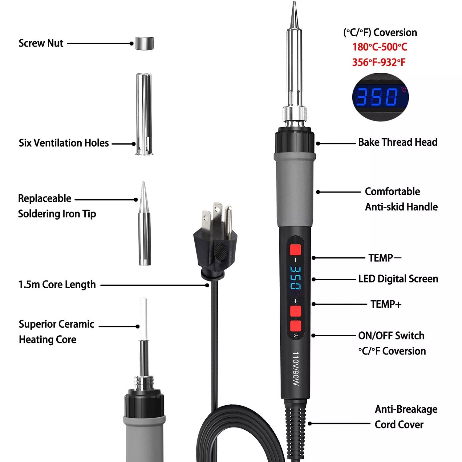 90W Digital Electric Soldering Iron Kit Tempe Adjustable Welding Tool Solder Gun