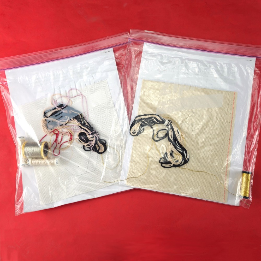 2 NEEDLEPOINT CANVAS, STITCH GUIDE, & THREADS: KOKESHI DOLLS BM