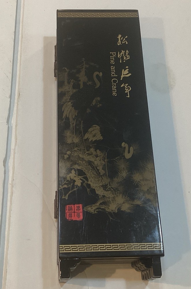 6 Panel Divider Mini Folding Screen Chinese Lacquerware Pine And Crane