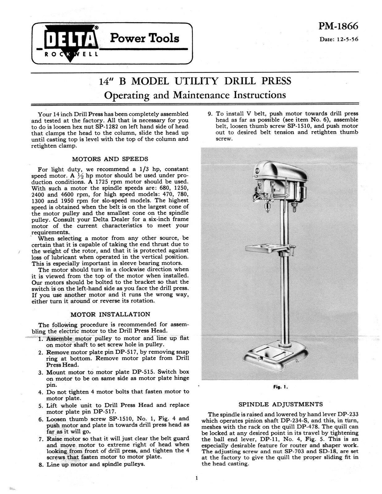 Delta 14" Mod B Drill Press 14-207B, 14-208B Instruct & Parts List Manual #1905