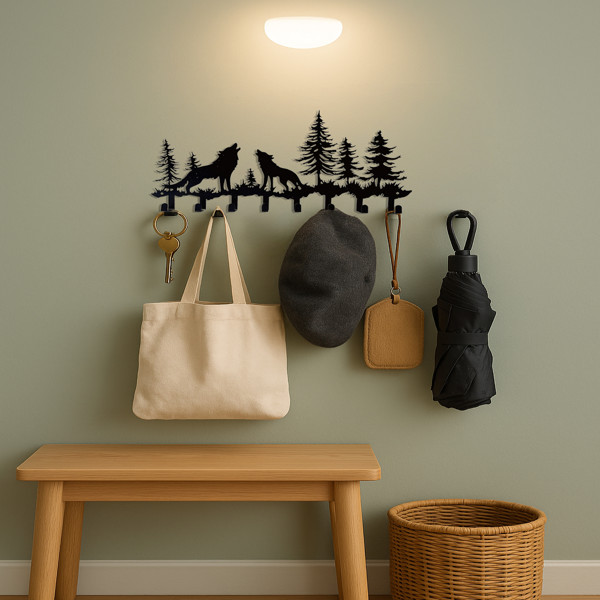 Wolf Key Holder Wall Mount,8 Hook Coat Rack Scarves -Rustic Entryway Organizer