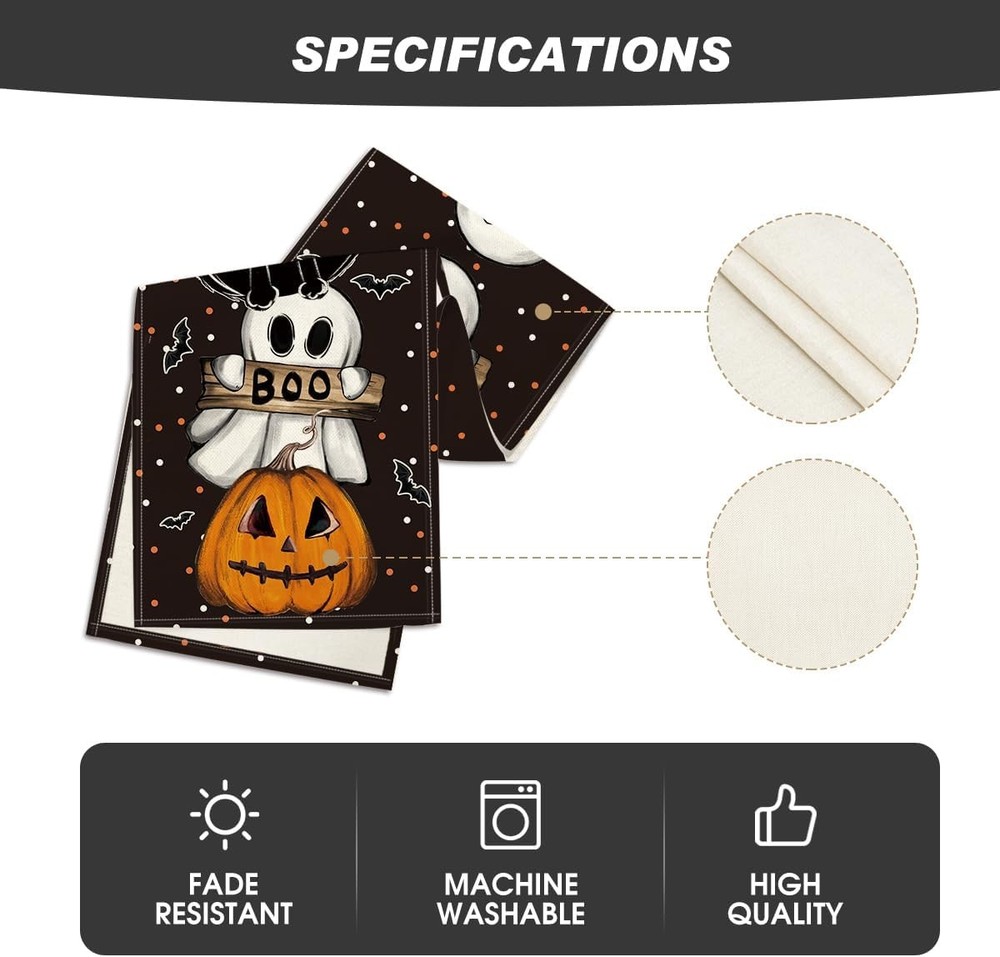 Artoid Mode Polka Dot Ghost Pumpkin 13" x 72", Table Runner, Black