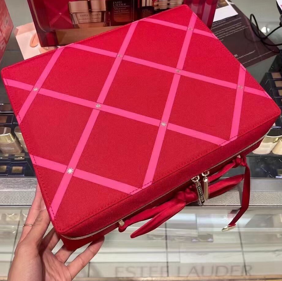 Estee Lauder Cosmetic Makeup Bag Train Case Red