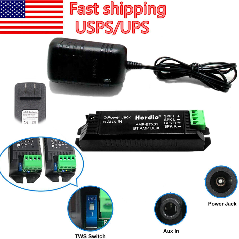 12V 3A Adapter+Herdio AMP BT AMP Box Amplifier for Bluetooth Ceiling Speaker US