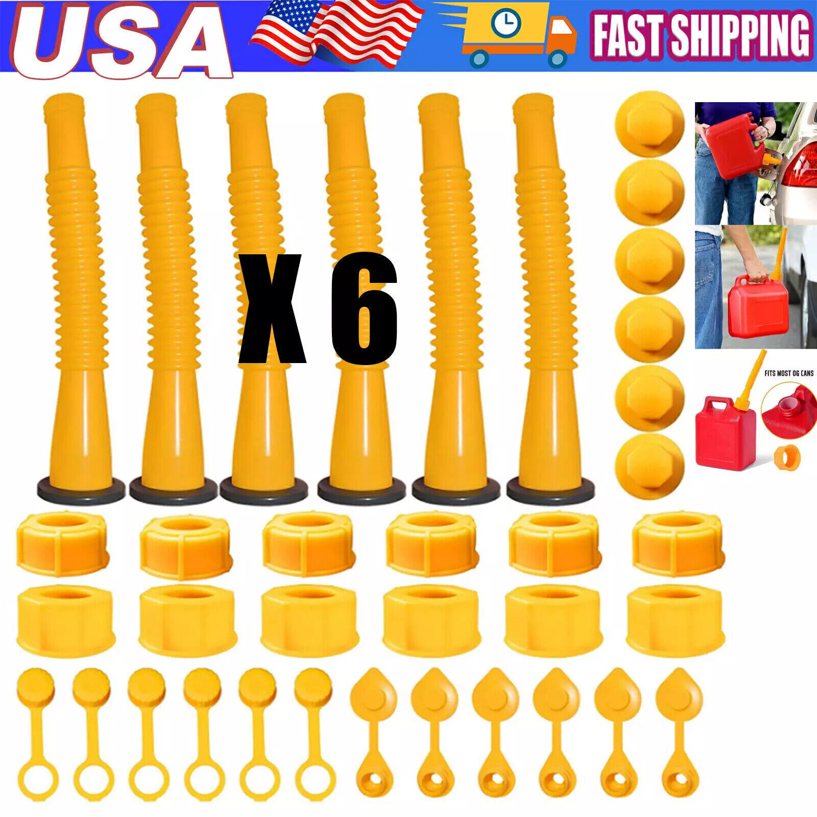 Old Style Gas Can Spout Replacement w/Tough Nozzles Screw Collar Vent Caps 6 Kit