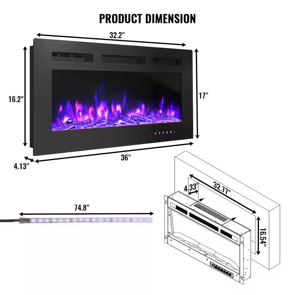 36 In. Direct Vent Electric Fireplace Insert with Remote Control and LED Strip