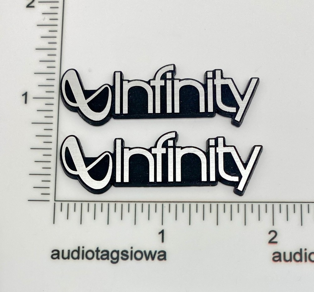 Infinity Speaker Badge PAIR Custom Incised Silver Acrylic Self Stick