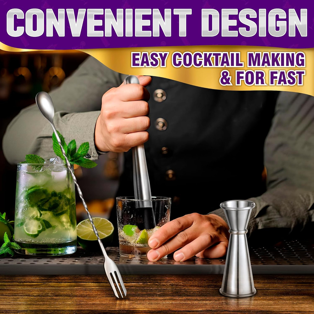 3 Pcs Muddler Set - Bar Muddler, Cocktail Spoon & Jigger for Mixing Drinks