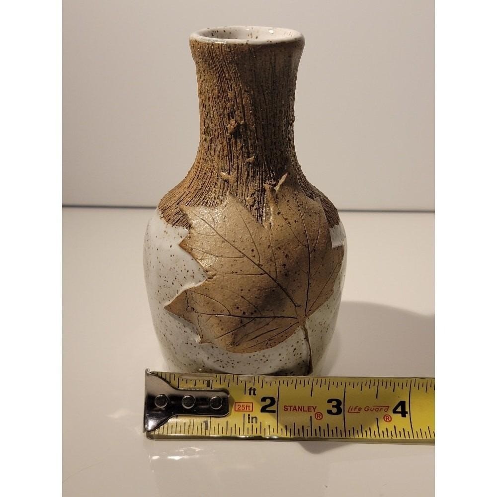 Studio Pottery Leaf Mug & Bud Vase Signed PRP Beige Speckle