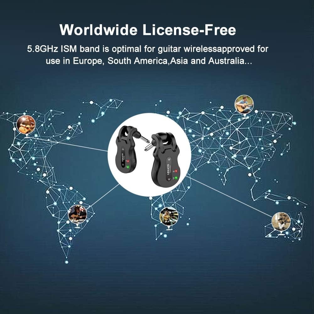 Rechargeable Wireless Guitar Transmitter & Receiver - 4 Channels, 100ft Range