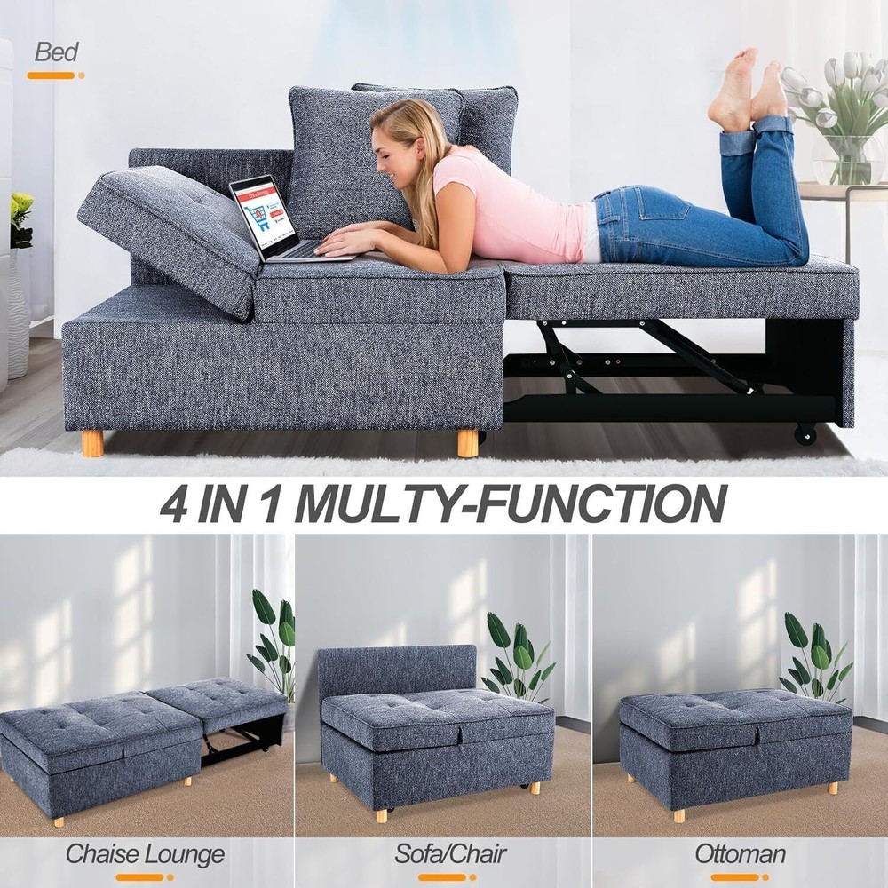 Folding Ottoman Sofa Bed Chair 4-in-1 Sleeper Sofa w/Adjustable Backrest+Pillows