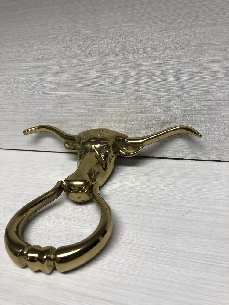 Rare CMC Solid Brass Longhorn Steer Head Door Knocker Handle VTG E854-2