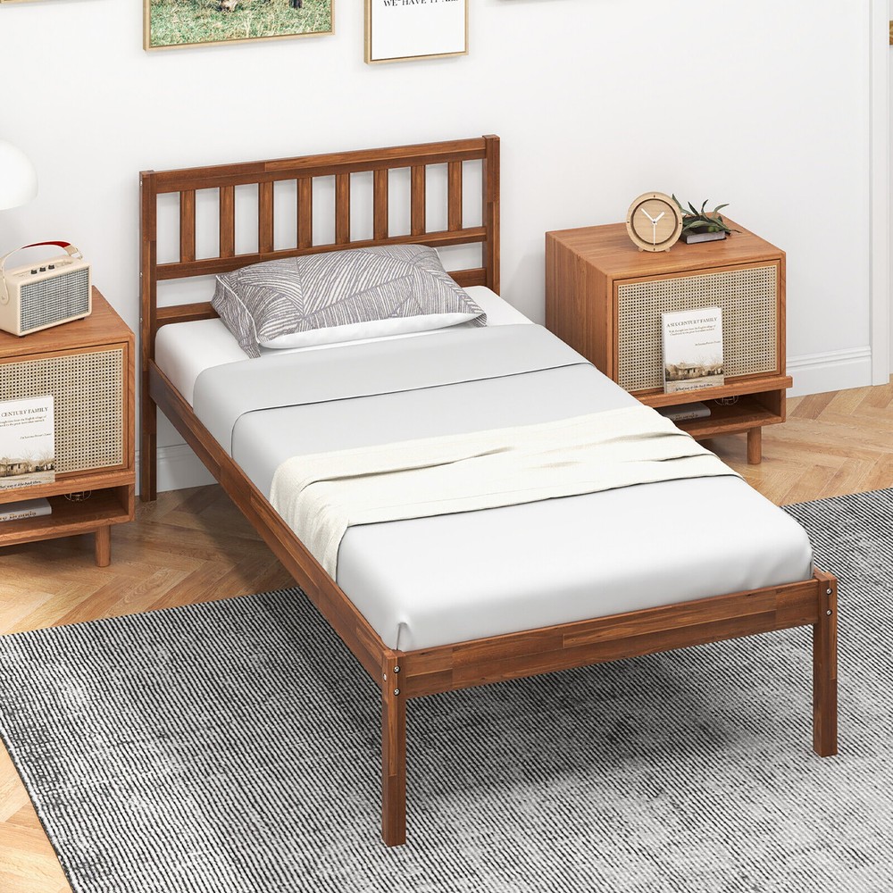 Twin Platform Bed with Headboard Solid Wood Leg Mattress Foundation Walnut