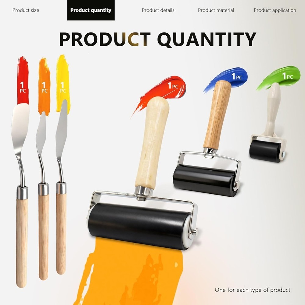 6 Pack Rubber Brayer Roller Kit,3 Sizes Rubber Rollers with 3 Scrapers for2491