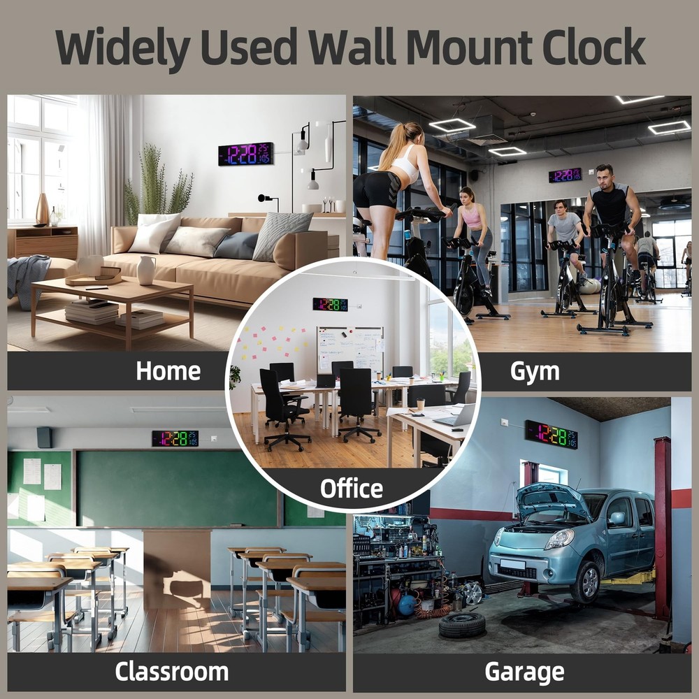 8 Colors Digital Wall Clock, 16.2" Large Digital Clock with Temperature, Date...
