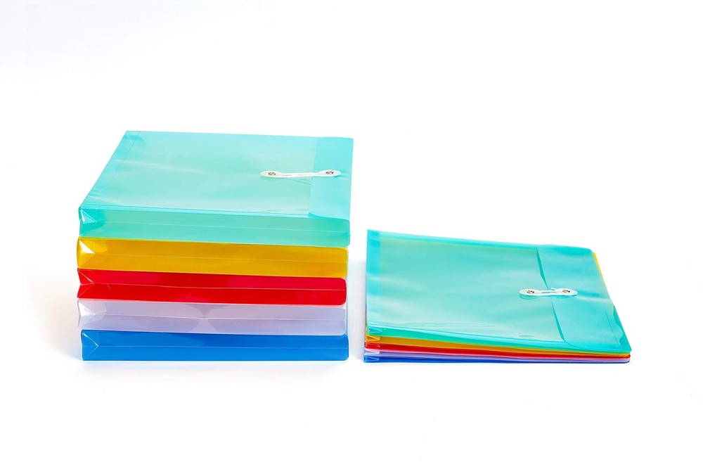 Plastic Letter Size Envelopes with Button & String Assorted Colors - 6 Pack
