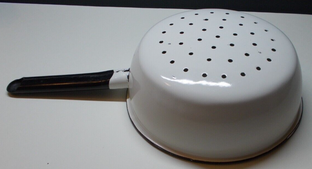 Vintage Russian Enamelware Strainer White with Black Trim
