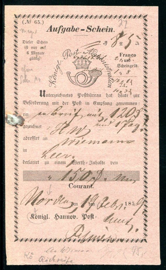HANNOVER NORTH 1859 POST NOTE (J1373
